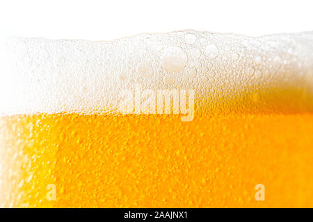 Light Beer with Bubbles and Foam Background on White. Beer Bubbles Texture Close Up Stock Photo