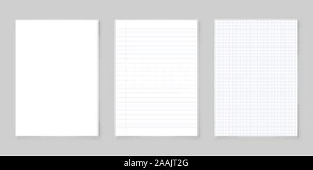 Realistic blank lined paper sheet with shadow in A4 format isolated on gray background collection. Notebook or book page. Design template or mockup Stock Vector