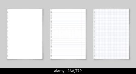 Realistic blank lined paper sheet with shadow in A4 format isolated on gray background collection. Notebook or book page. Design template or mockup Stock Vector