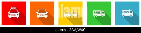 Set of colorful web flat design vector icons,  transport, bus, truck, car and vehicle buttons in eps 10 for webdesign and mobile applications on white Stock Vector