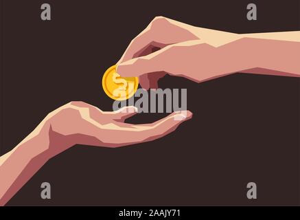 Giving money business transaction buying selling dollar coin. Vector illustration cartoon. Stock Vector