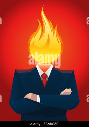 Burnt businessman head on fire vector illustration. Stock Vector