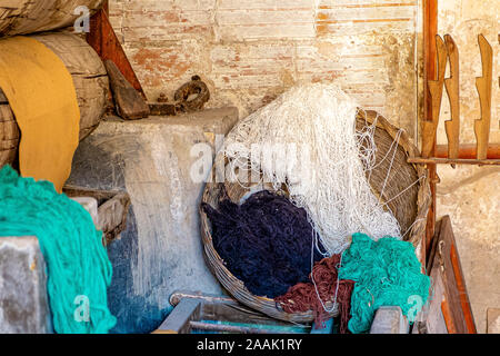 wools and yarns colored from blue to orange at the shows Stock Photo