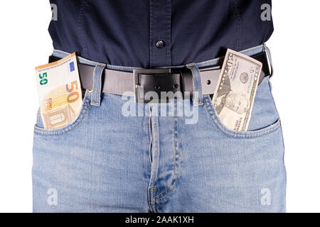 Euro And Dollar Banknotes In The Jeans Pockets Stock Photo