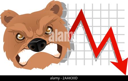 Furious Bear Analysis going down chart vector illustration. With red arrow, grey arrow and gold coins. Stock Vector