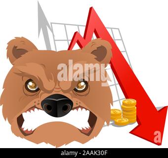 Furious Bear Analysis going down chart vector illustration. With red arrow, grey arrow and gold coins. Stock Vector