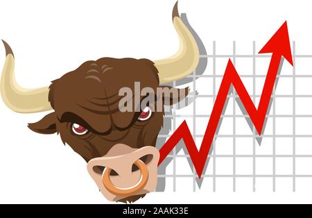 Bullish bull finance economic analysis chart with both red and grey arrows and many golden coins. Vector illustration. Stock Vector