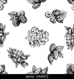 Seamless pattern of hand drawn sketch style different kinds of nuts isolated on white background. Vector illustration. Stock Vector