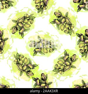 Seamless pattern of hand drawn sketch style pistachios isolated on white background. Vector illustration. Stock Vector