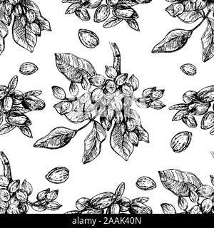 Seamless pattern of hand drawn sketch style pistachios isolated on white background. Vector illustration. Stock Vector