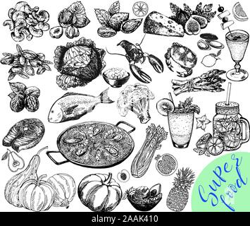 Big set of hand drawn sketch style different kinds of food and drinks isolated on white background. Vector illustration. Stock Vector