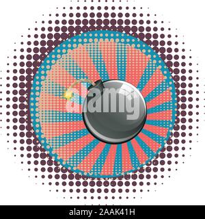 Round black bomb about to explode with burning wick. Stock Vector