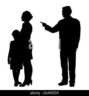 Abusive man husband father emotionally abusing woman wife and scared child. Family domestic violence concept. Abusive parent father and husband. Stock Vector