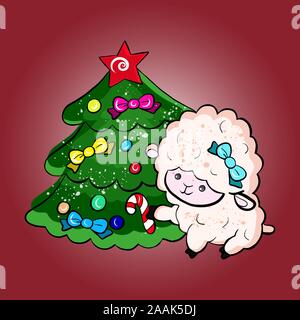 Vector illustration of a lamb sitting by a decorated New Year and Christmas tree with toys and a star on the background Stock Vector
