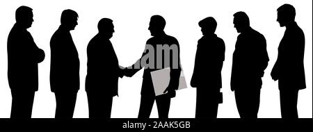 Business people group at a meeting with two businessmen shaking hands and one of them holding folder with contract Stock Vector