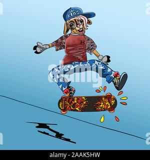Vector illustration of a llama character in a sports style on a skateboard. Hipster llama rides on a colorful stylish sports board. Stock Vector