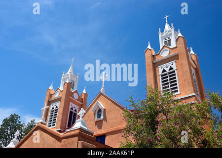 San Felipe De Neri Church, built in 1793 and the only building in Old Town Albuquerque New Mexico that dates back to the Spanish colonial period. Stock Photo