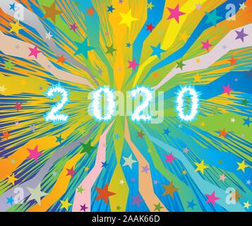 Happy New Year 2020 celebratory colorful burst background with stars and frozen ice number letters 2020 Stock Vector
