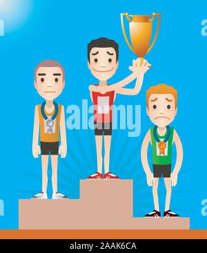 A view of the podium after a race, with each runner in its place. Winner holding cup standing on first place vector illustration. Stock Vector