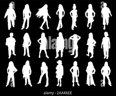 Twenty one kids models at fashion show. White silhouettes on black background. Stock Vector