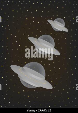 Three UFO alien extraterrestrial spaceships flying in a row through the space universe. Flying saucers hovering in the night sky. Stock Vector