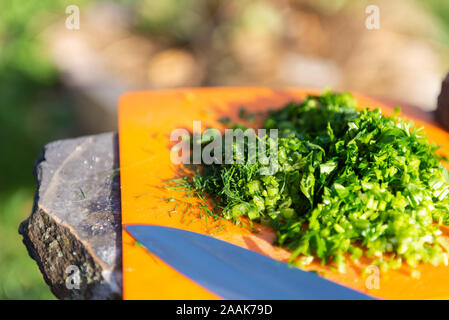 Plants chopped for salad. Cutting board on stone. Prepare dinner, cut parsley and dill. Stock Photo