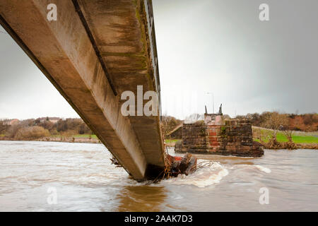 A footbridge over the River Derwent in Workington is one of many that was destroyed or damaged in the flood. Stock Photo