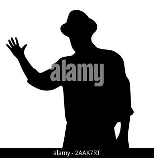 Man with hat making greeting gesture, waving his hand, saying hello or hi Stock Vector