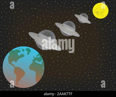 Three UFO alien extraterrestrial spaceships flying in a row above and between earth and moon. Three UFOs flying saucers hovering in the night sky. Stock Vector
