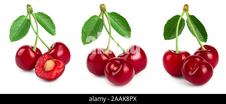 Set of cherries with leaf closeup isolated on white background. Stock Photo