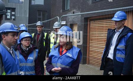 Sheffield, Yorkshire, UK. 22 November 2019. Liberal Democrat Leader Jo Swinson, meets with staff as she visits the Little Kelham with sustainable urban development company Citu during a General Election campaign trail stop in Sheffield. Britain will go to the polls on December 12, 2019 to vote in a pre-Christmas general election. Credit: Ioannis Alexopoulos/Alamy Live News Stock Photo