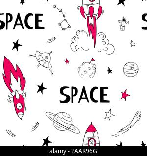 Space seamless pattern. Hand drawn cosmic objects with pink details on white background. Spaceships, planets, stars and comets. Vector illustartion. Stock Vector