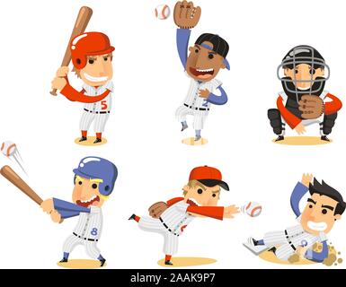 Baseball Player Set, with Catcher, pitcher, third base, shortstop, fielding team and batter vector illustration cartoon. Stock Vector