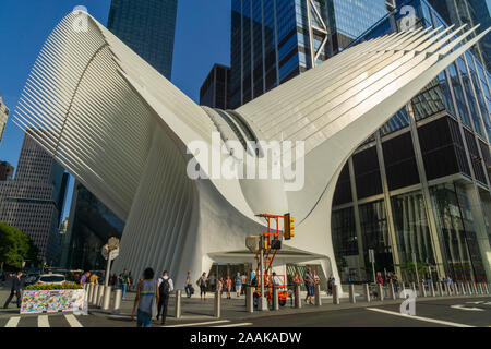 New York, USA - August 20, 2018: Outdoor view of World Trade Center Transportation Hub or Oculus designed by Santiago Calatrava architect Stock Photo