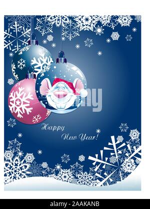 In the vector illustration, a festive Christmas background in blue tones, with a rat on a Christmas ball, of the symbol of Chinese 2020 year Stock Vector