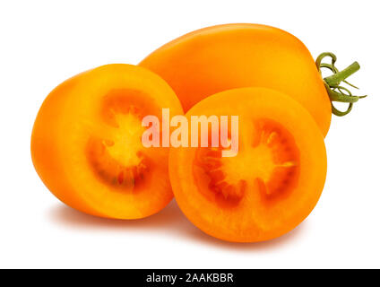 sliced orange plum tomato path isolated on white Stock Photo