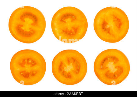 sliced orange plum tomato path isolated on white Stock Photo