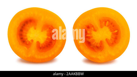 sliced orange plum tomato path isolated on white Stock Photo