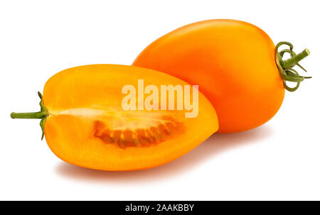 sliced orange plum tomato path isolated on white Stock Photo