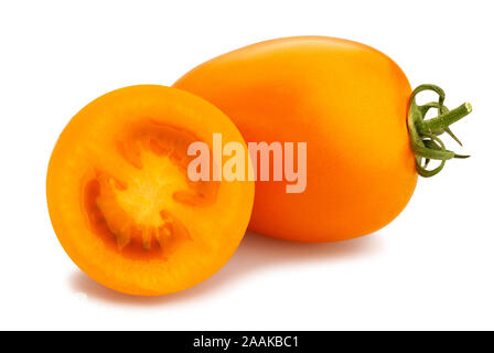 sliced orange plum tomato path isolated on white Stock Photo