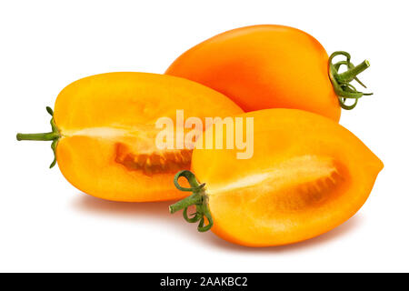 sliced orange plum tomato path isolated on white Stock Photo