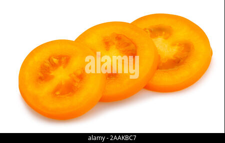 sliced orange plum tomato path isolated on white Stock Photo
