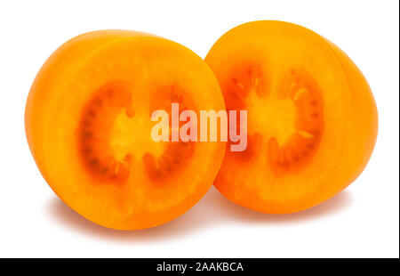 sliced orange plum tomato path isolated on white Stock Photo