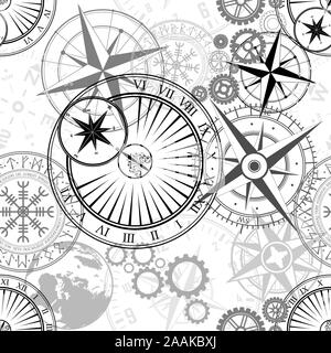 Set of different black design symbols silhouettes seamless pattern Stock Vector