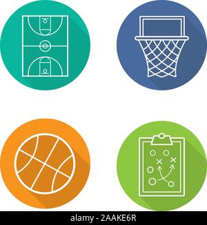 Basketball flat linear long shadow icons set. Basketball field, ball and basket, clipboard game plan. Team sport equipment. Vector Stock Vector