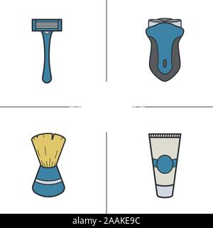 Shaving accessories color icons set. Electric shaver, razor, shaving brush and aftershave cream. Vector isolated illustrations Stock Vector