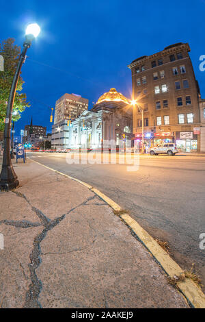 Utica, New York - Nov 11, 2019: Fisheye View of the Historic Area Buildings in Lower Genesee Street in downtown Utica, New York State, USA. This area