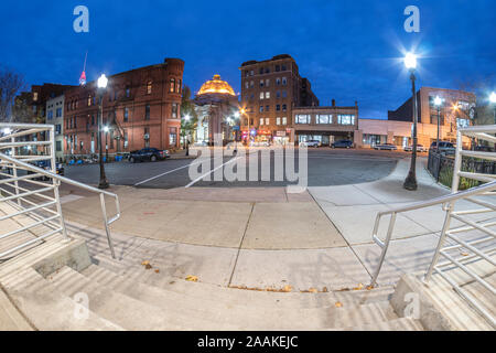 Utica, New York - Nov 11, 2019: Fisheye View of the Historic Area Buildings in Lower Genesee Street in downtown Utica, New York State, USA. This area Stock Photo