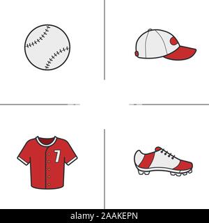 Baseball accessories color icons set. Softball player's cap, shirt and shoe, baseball ball. Vector isolated illustrations Stock Vector