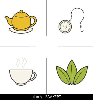 Tea color icons set. Steaming cup, teapot on plate, loose tea leaves and ball infuser. Vector isolated illustrations Stock Vector